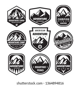 Set of adventure outdoor concept badges, camping emblem, mountain climbing logo in flat style. Exploration sticker symbol. Creative vector illustration. Graphic design in black and white colors.  