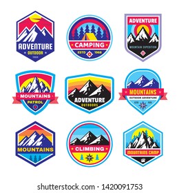 Set of adventure outdoor concept badges, summer camping emblem, mountain climbing logo in flat style. Creative vector illustration. Graphic design element.  