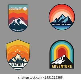 Set of adventure outdoor concept badges, summer camping emblem, mountain climbing logo in flat style. Extreme exploration sticker symbol. Creative vector illustration. Graphic design element