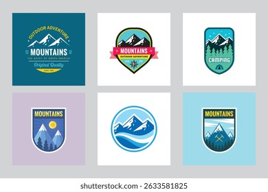 Set of adventure outdoor concept badges, summer camping emblem, mountain climbing logo in flat style. Extreme exploration sticker symbol. Graphic design element. Mountains logo set.