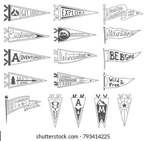 Set of adventure, outdoors, camping pennants. Retro monochrome labels. Hand drawn wanderlust style. Pennant travel flags design