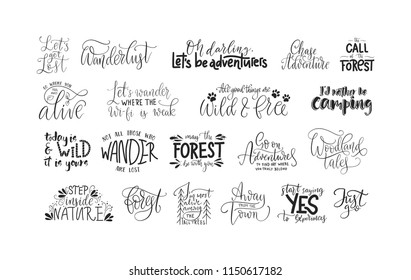 Set of adventure, outdoors and travel vector quotes. Nature and forest calligraphy collection.