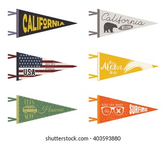 Set of adventure pennants. Pennant travel flags design. Vintage surf, caravan, rv templates. USA, california pennant with summer camp symbols trailer, signpost, anchor, bear. Summer hawaii old style.