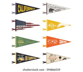 Set of adventure pennants. Vector pendant explore flags design. Vintage surf, caravan, rv templates. USA, california patch with summer camp symbols trailer, signpost, bear. Summer hawaii old style