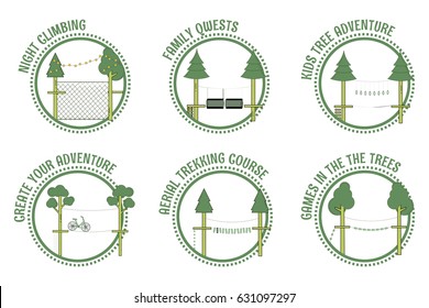 Set of adventure rope park stamps.Vector illustration. 