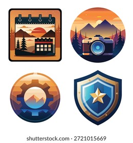 Conjunto de iconos de aventura y seguridad con paisaje de calendario escénico, cámara de Fotografía al aire libre, emblema de montaña de engranaje de Industrial e ilustración protectora de escudo de estrellas Collage