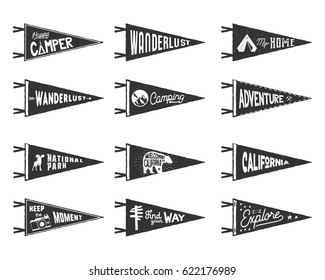 Set of adventure, surfing, camping pennants. Retro monochrome labels. Vintage hand drawn wanderlust style. Isolated on white background. Good for t shirt, mug, other identity. Vector illustration.