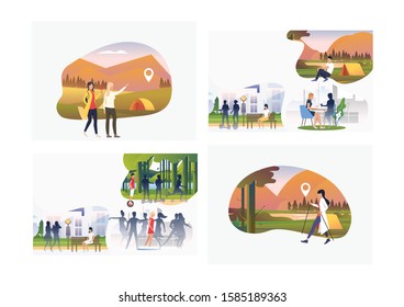 Set of adventure travel illustrations. Flat vector illustrations of people resting in city, hiking, walking with Nordic sticks outdoors. Activity concept for banner, website design or landing web page
