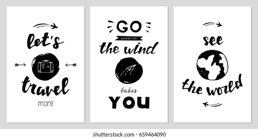 Set of adventure and travel vector hand drawn unique typography design element for greeting cards, decoration, prints and posters. Modern calligraphy. Handwritten lettering.