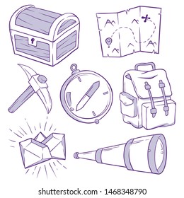 Set of adventure treasure hunt icon, hand drawn doodle vector illustration