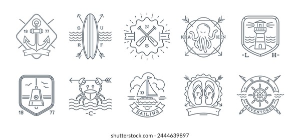 Set of adventures and travel line emblems, signs and labels. Line vector illustration.