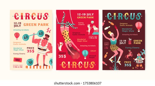 Set of advertisement circus show posters vector flat illustration. Collection of invitation with man, woman and trained animals performing tricks. Promo of entertainment event with place for text