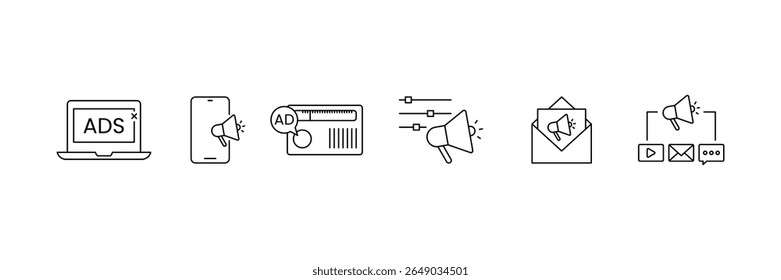 Set of advertisement line icon collection. marketing, promotion, announcement, branding, campaign, AD symbol.