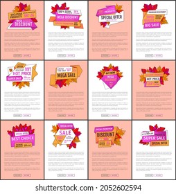 Carteles publicitarios con hojas de arce. Banners web de reducción de costos de otoño. Mega descuentos en productos exclusivos precio especial de promoción