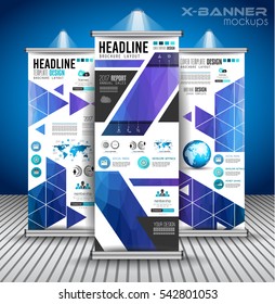 Juego de anuncios publicitarios enrollar banners con diseño vertical para volantes de negocios o folletos. Ideal para modernos carteles en forma de x y banner.