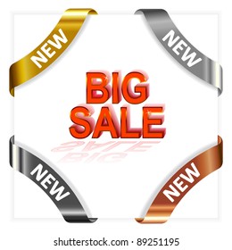 Set advertising angular metallic ribbons "New"and big sale. Vector illustration.