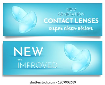 Set of advertising banner new eye contact lenses, super clear vision, promotion, ads template, correct poor vision, vector illustration