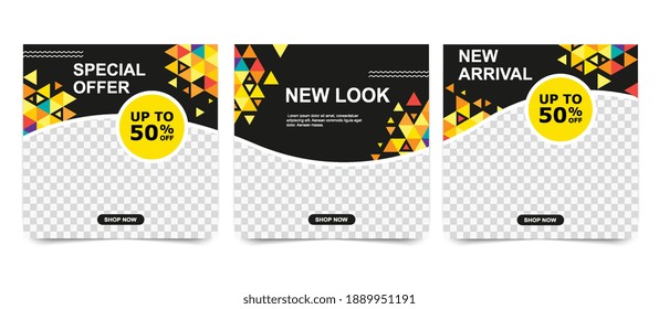 Set advertising banners in black yellow colors. Abstract minimalistic square templates for social media posts, mobile apps and internet advertising.