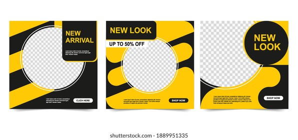 Set advertising banners in black yellow colors. Abstract minimalistic square templates for social media posts, mobile apps and internet advertising.