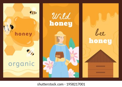 Set advertising banners for social media and web for honey and apiary products, flat cartoon vector illustration. Posters or banners for promotion of bee products.