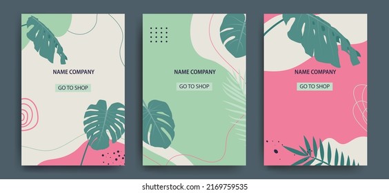 Set of advertising banners with tropical leaves, plants and trendy flower spots. Tropical summer. Announcement of a new collection, discounts on it, summer sale. Minimalism. Vector illustration