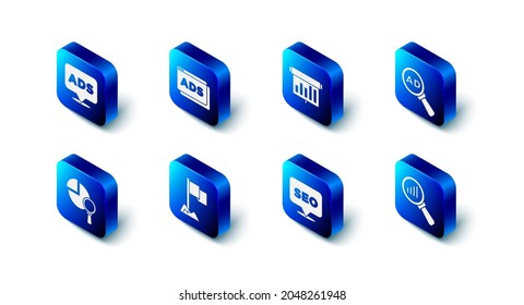 Establecer publicidad, tablero con gráfico de gráficos, vidrio y análisis de aumento, optimización de SEO, marcador de ubicación e icono. Vector