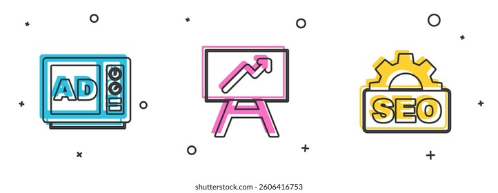 Set Advertising, Board with graph chart and SEO optimization icon. Vector