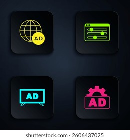 Set Advertising, ,  and Browser setting. Black square button. Vector