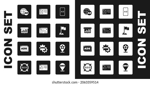 Set Advertising, Browser setting, Board with graph chart, Location marker, window, Map pointer star and  icon. Vector
