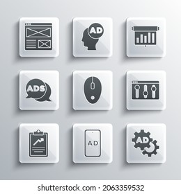 Set Advertising, Browser setting, Computer mouse, Clipboard with graph chart, window and Board icon. Vector