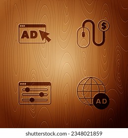 Set Advertising, , Browser setting and  on wooden background. Vector