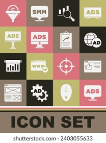 Set Advertising, Browser window, Magnifying glass and analysis, Lead management and Clipboard with graph chart icon. Vector