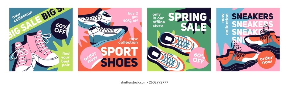 Set of advertising cards with sales on sneakers. Design of coupons, vouchers with special offer, price off for trainers. Templates with discounts for boots, footwear in shop. Flat vector illustrations