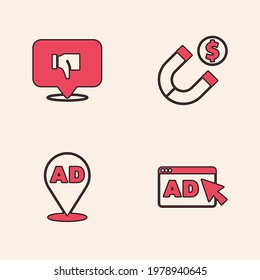 Set Advertising, Dislike speech bubble, Magnet with money and  icon. Vector