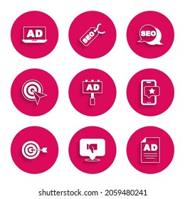 Establecer publicidad, desagradar la burbuja de voz, Mobile con calificación de revisión, Target, SEO optimización e icono. Vector
