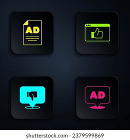 Set Advertising, , Dislike speech bubble and Customer product rating. Black square button. Vector