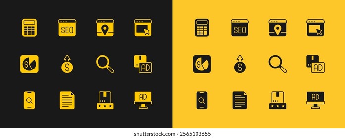 Set Advertising, File document, Magnifying glass, Consumer product rating, Financial growth dollar, Infographic of city map, Calculator and SEO optimization icon. Vector