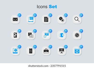 Set Advertising, Financial book, Browser setting, Discount percent tag, Mail and e-mail and  icon. Vector