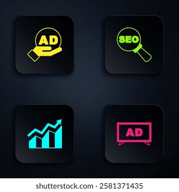 Set Advertising, , Financial growth increase and SEO optimization. Black square button. Vector