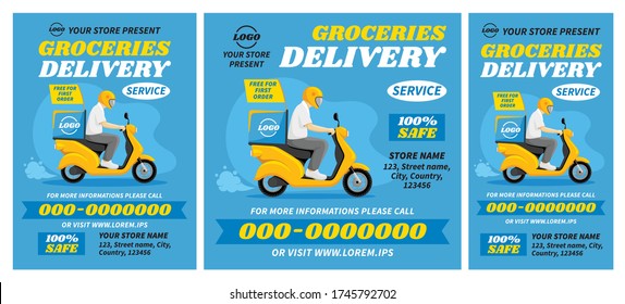 Set of advertising flyer template and banners for social media, post and story. Food or parcels fast delivery service. Cartoon courier on scooter. Vector illustration.