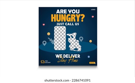 Set of advertising flyer template and banners for social media, post and story. Food or parcels fast delivery service. Cartoon courier on scooter. Vector illustration.