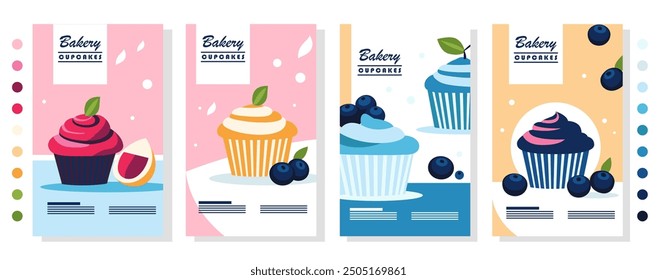 A set of advertising flyers with the image of cupcakes. Flat vector style. Bright colors.