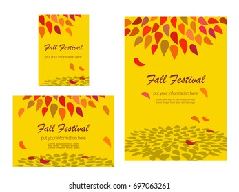 Set of advertising flyers templates for Presentation. Leaflet, Cover Page Design. Autumn Fall Festival poster. Autumnal abstract red yellow leaves. Season event background vector vintage illustration