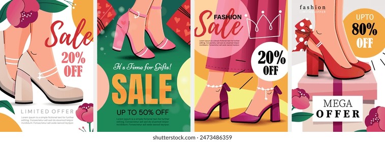 Set of advertising flyers. Women's fashion, shoes sale. Template cards for store or promotions.