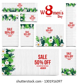 Set of advertising header or banner design with 50% discount offer and decorative paper flowers for Women's Day celebration.