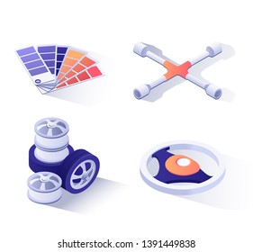 Set with Advertising Icons of 3d Symbols for Car Repair Service. Isolated Elements of Wheels, Tires and Disk, Cross Rim Universal Wrench, Steering-Wheel, Palettes Cards. Vector Isometric Illustration.