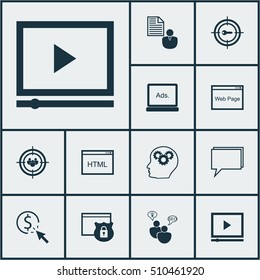Set Of Advertising Icons On Brain Process, Video Player And Coding Topics. Editable Vector Illustration. Includes SEO, Security, Conference And More Vector Icons.