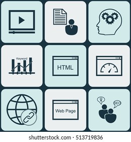 Set Of Advertising Icons On Brain Process, Keyword Optimisation And Video Player Topics. Editable Vector Illustration. Includes Browser, Keyword, Video And More Vector Icons.