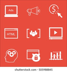 Set Of Advertising Icons On Coding, Keyword Optimisation And Security Topics. Editable Vector Illustration. Includes Brain, Ranking And Group Vector Icons.