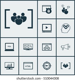 Set Of Advertising Icons On Coding, Video Player And SEO Brainstorm Topics. Editable Vector Illustration. Includes Display, Performance, Community And More Vector Icons.
